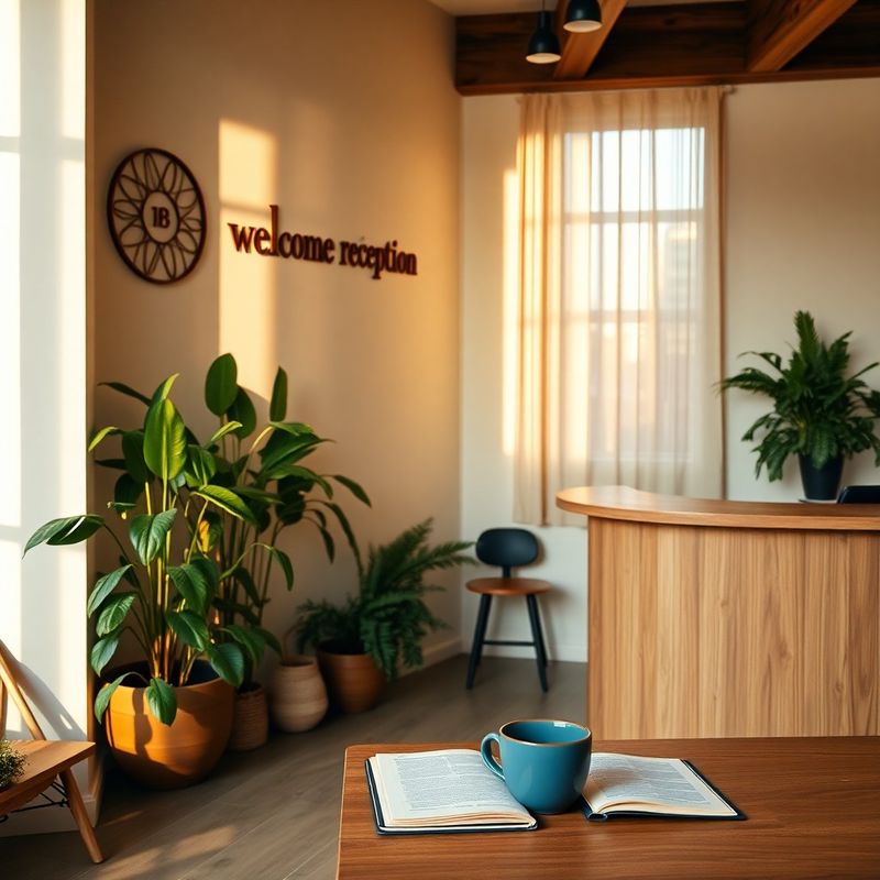 Welcoming studio reception with timber desk, notebook and coffee