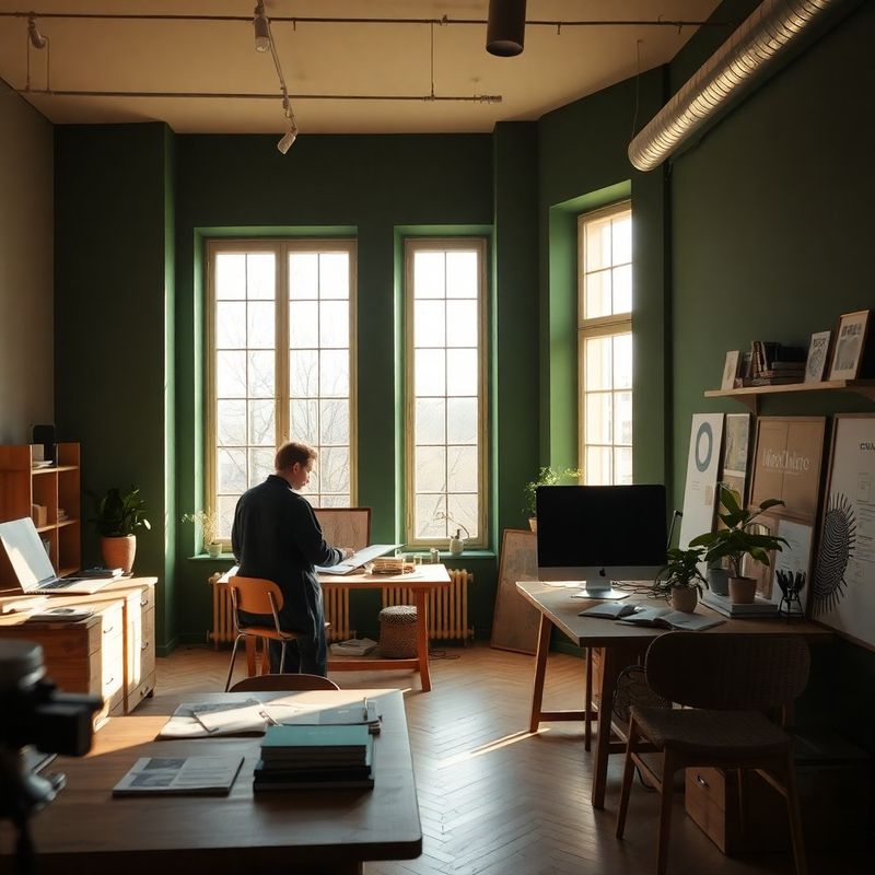 Designer reviewing brand boards in a forest-cream Craiova studio interior