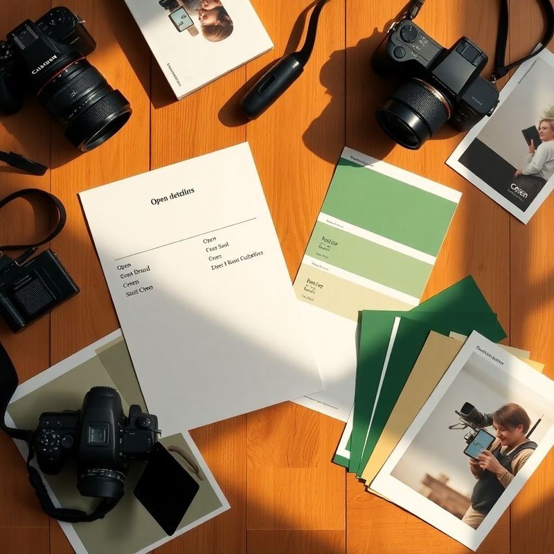 Flat-lay of brand guidelines, colour swatches, and print samples on timber