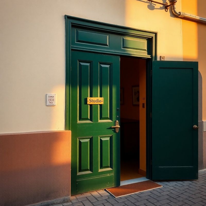 Forest-green studio door with brass sign on a Craiova street