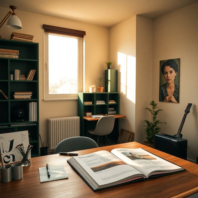 Forest-cream studio workspace with open brand guidelines on a timber desk